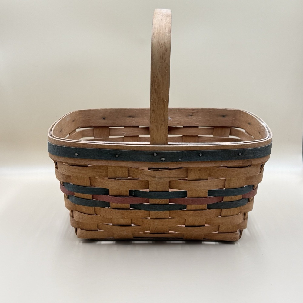 Longaberger 1991 Handwoven Basket Vintage Brown Red Green Storage 11x12x6